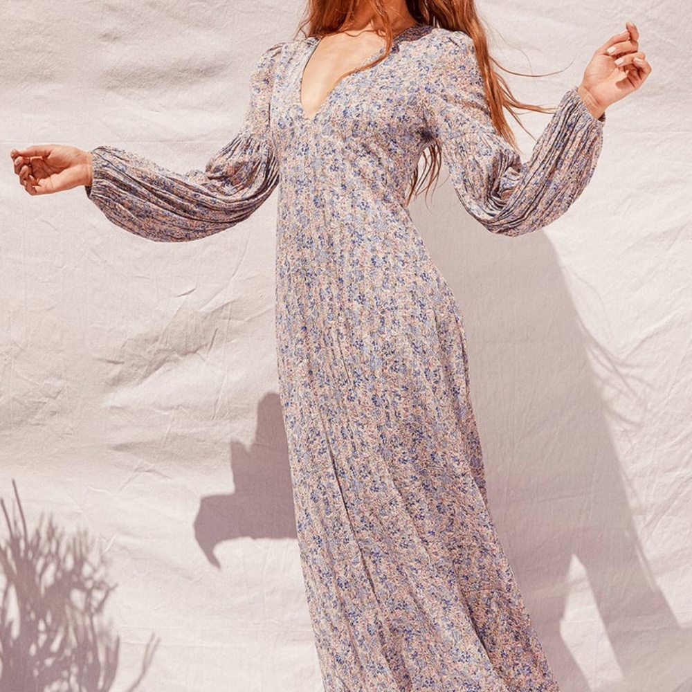 Garden Paths Beige Floral Print Puff Sleeve Maxi Dress